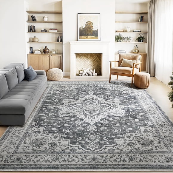 Marsail Alfombra Vintage Lavable 8x10, Antideslizante Gris