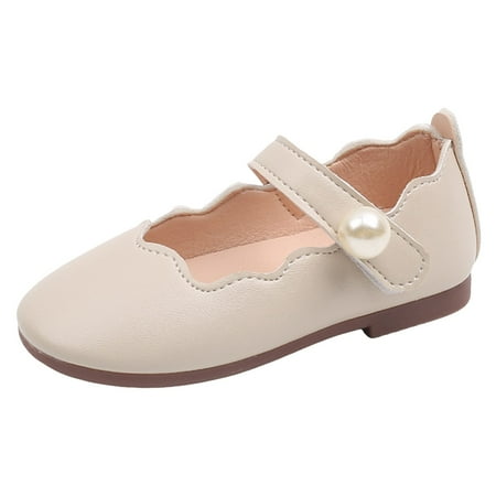 Entyinea Dress Shoes for Girls Mary Janes Low Heels Flat Princess Ballet Dress Strap Shoes for Party Wedding School (Beige 10.5)