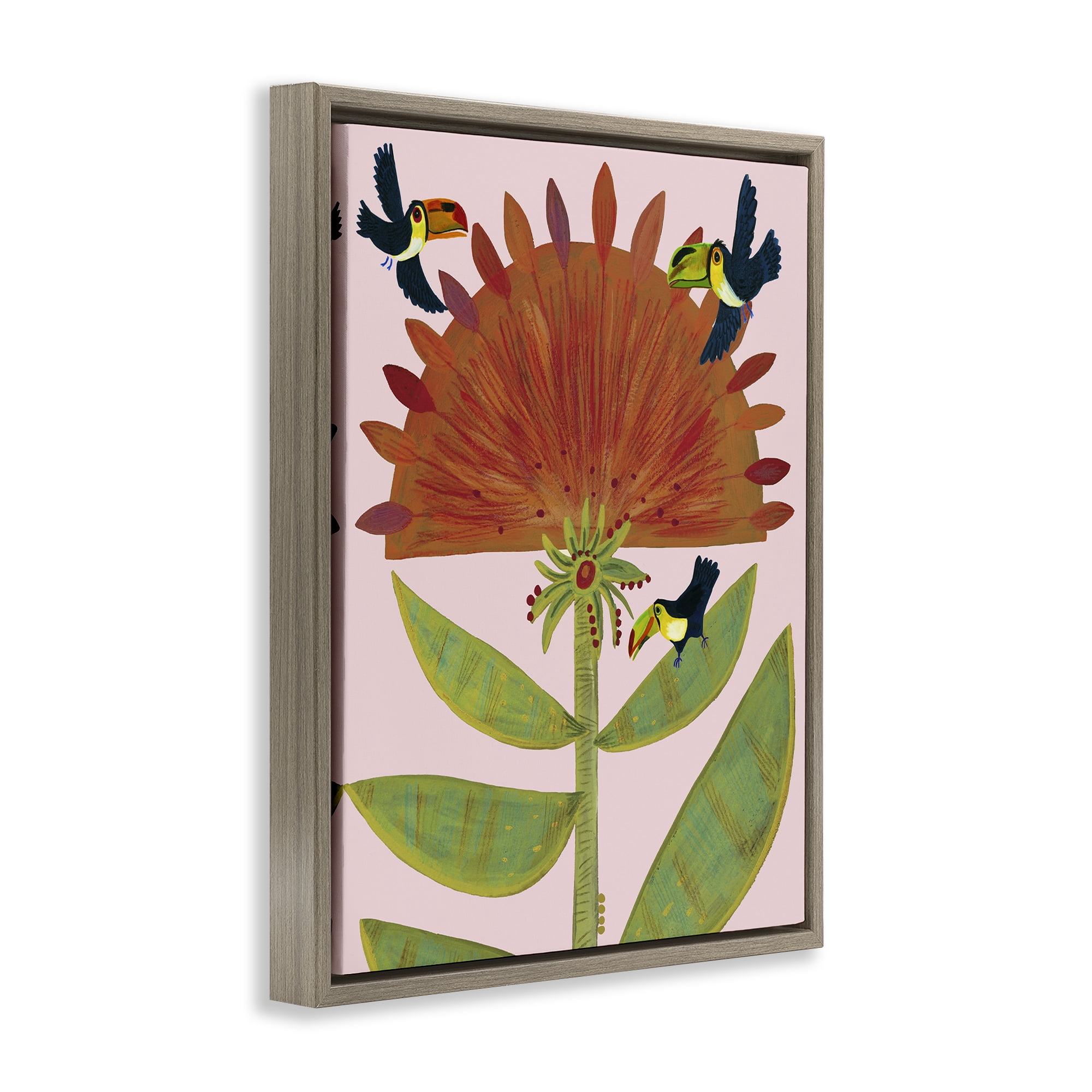 Stupell Industries Tropical Plant & Toucans Brown Framed Floater Canvas Wall Art, design by Kay Widdowson