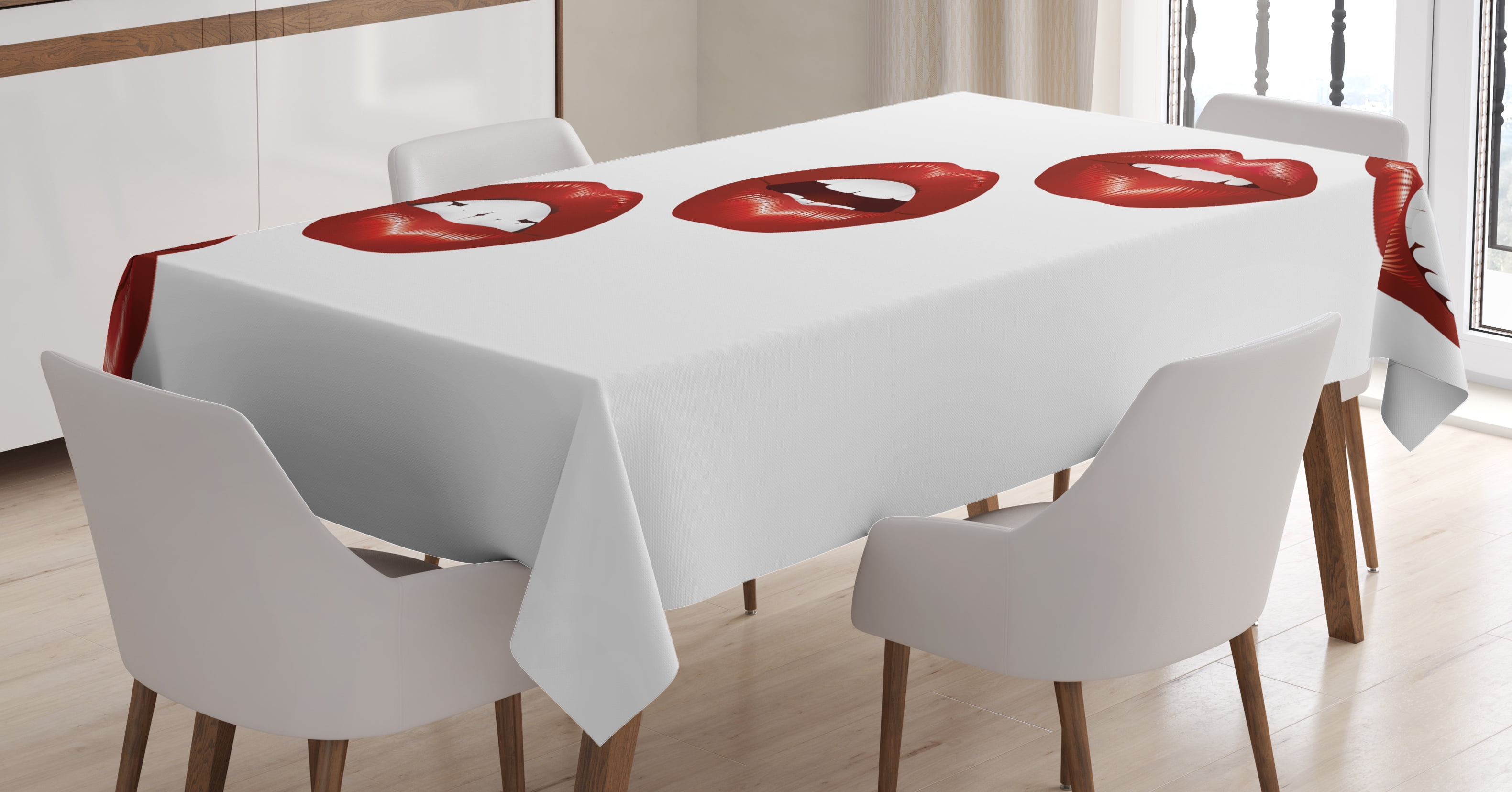 Kiss Tablecloth, Vivid Full Red Lips Smiling Kissing Sexy Lipstick
