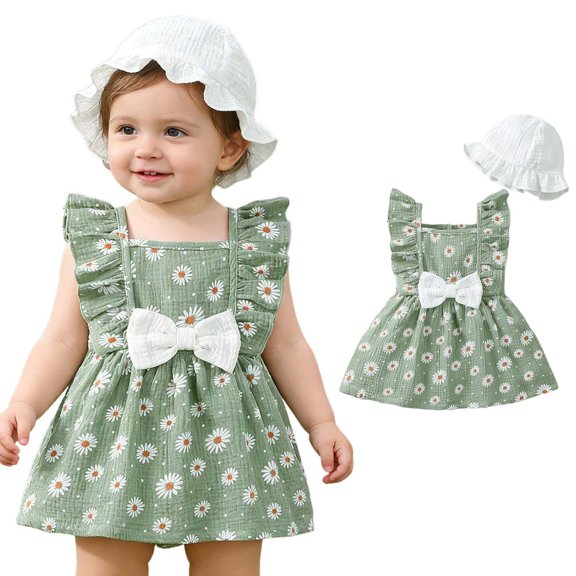 Toddler Summer Dress Girls Ruffle Sleeve Cute Print Girls Casual Dresses Girls Sun Dress Hats Set Little Girl Dresses Size 2-3 Years