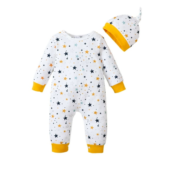 Kucnuzki Newborn Baby Boys Bodysuits Fall Round Neck Star Print Long Sleeves Romper Autumn Button Bottom with Hat 2pcs Baby Boys Clothing White 0-3 Months