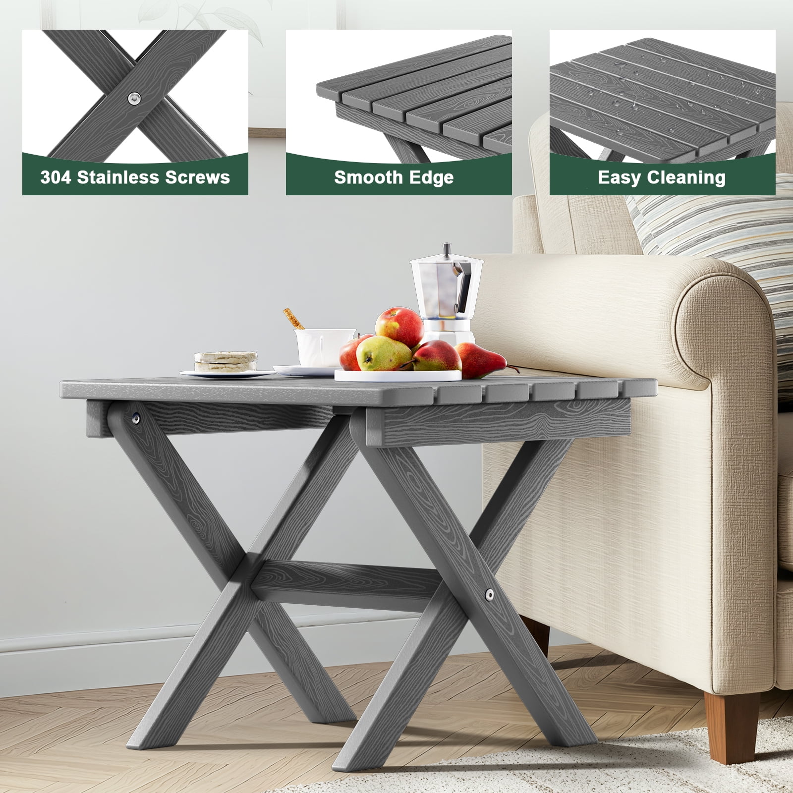 SERWALL Outdoor Small Folding Side Table, HDPE All Weather Adirondack End Table, No Assembly Required, Gray