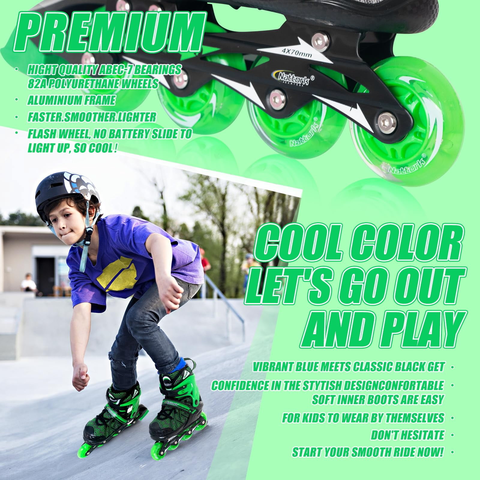 MammyGol Adjustable Inline Skates for Kids with Light-Up Wheels - Youth Teens Roller Skates for Beginners Boys Girls, Outdoor Recreational Skates Green 9-12