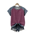 thumbnail image 2 of Womens Short Sleeve Waffle Knit Top Denim Trim, Raglan Sleeve Summer Round Neck Tees Casual Layered Look T-Shirts for Daily Wear Soft Jean Inspired 2026 Fashion, 2 of 8