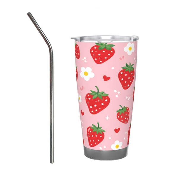 20oz Cute Strawberry Floral Tumbler with Handle Stainless Steel Insulated Travel Coffee Cup Gift with Stainless Steel Straw