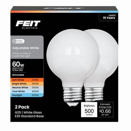 Feit Electric 3019501 60W Equivalence Adjustable G25 E26 Medium White LED Bulb