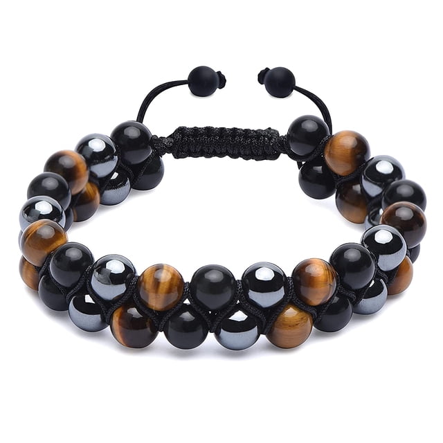 Pulsera de triple protección, auténtica pulsera de cuentas de obsidiana negra y hematita de ojo de tigre de 0.315 in para hombres y mujeres, pulseras curativas de joyería de cristal que traen suerte,
