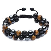 Triple Protection Bracelet, Genuine Tigers Eye Black Obsidian and Hematite 8mm Beads Bracelet for Men Women, Crystal Jewelry Healing Bracelets Bring Luck and Prosperity and Happiness