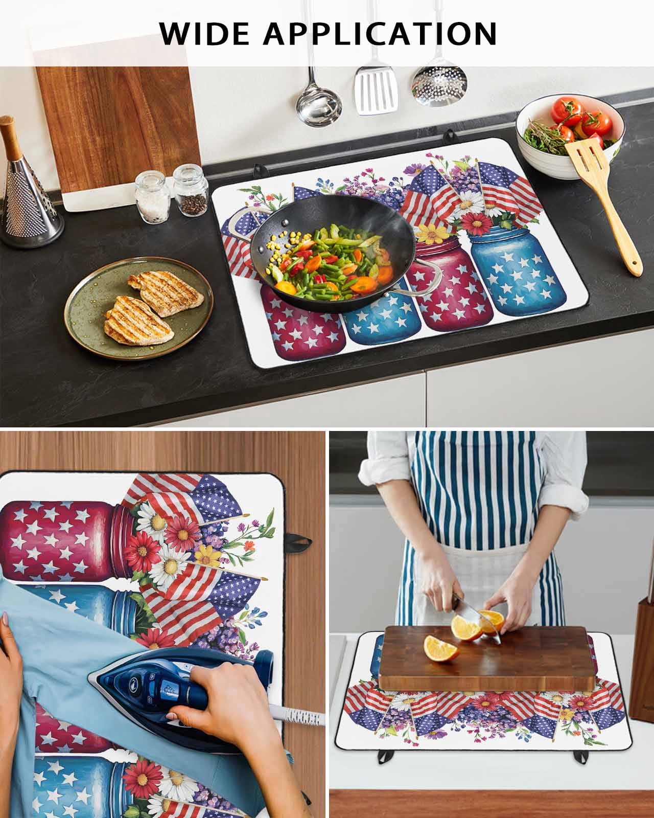 nqOlkjepod Large Induction Cooktop Protector Mat 24"x21", 4th of July Stove Top Covers for Electric Stove, American Flag Independence Day Floral Stove Burner Cover Mats, Glass Top Stove Cover
