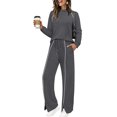thumbnail image 5 of Szluipve Women’s Striped Trim Tracksuit 2 Piece Outfits Crew Neck Long Sleeve Sweatshirt & Split Hem Drawstring Wide Leg Pants Casual Loungewear Set Dark Gray S, 5 of 5