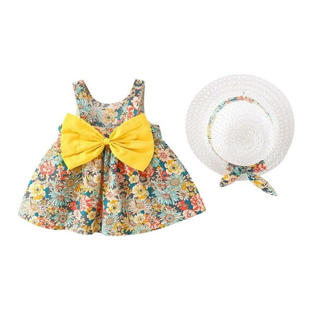 

Summer Savings Clearance 2024! Loopsun Toddler Girl Dress Crew Neck Sleeveless Floral Printing Mini Dress with Hat Two-piece Suit Yellow