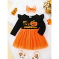 thumbnail image 3 of Wassery 2 Pcs Baby Girl Halloween Dress Outfits Long Sleeve Letter Printed Mesh Patchwork Ruffles Decor Dress + Bow-Knot Headband Set for 0-24M Newborn Kids, 3 of 9