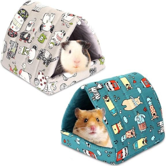 2 Pack Cartoon Pattern Guinea Pig Cave House Bed, Rabbit Squirrel Chinchilla Hamster Hedgehog Nest Hideout, Small Animals Cage Warm Supplies, Machine Washable