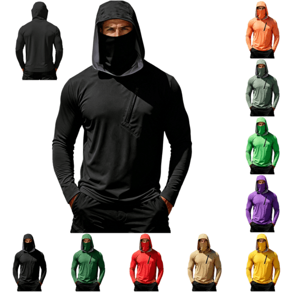 OIOLOYJM Hooded Sun Shirts for Men Uv Protection Fishing Hoodie with Mask Long Sleeve Rash Guard Pocket Shirts Lightweight Fashion Clothing Black L
