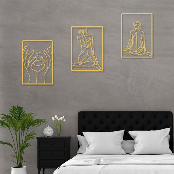 Gold Wall Decor Set of 3, Minimalist Abstract Female Single Line Home Hanging Wall Art Sculptures
