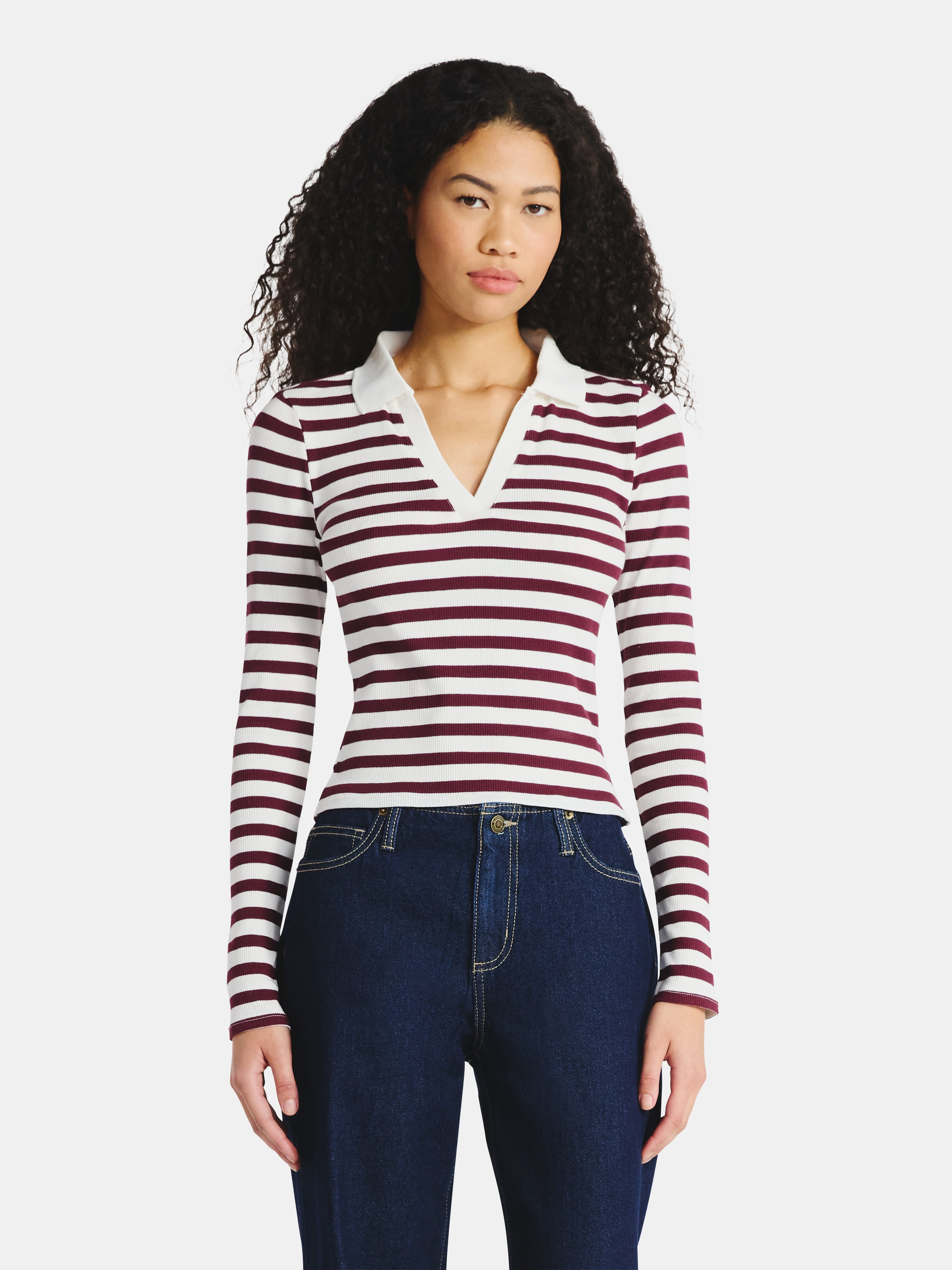 No Boundaries Johnny Collar Tee with Long Sleeves, Women's