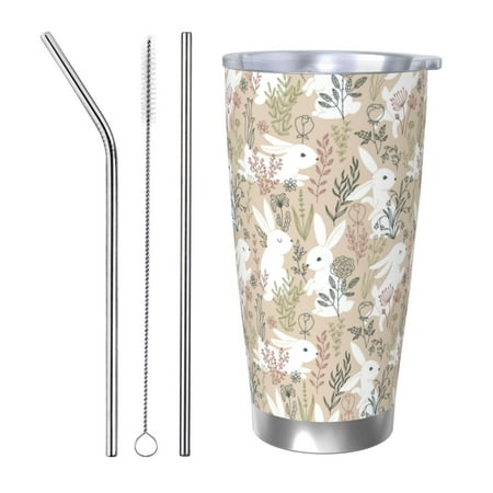 

Gaeub Retro Bunny Flower Print 20-Ounce Stainless Steel Car Cup Tumblers Cups with Lids and Straw Coffee Cups for Adults Kids Home Car Office School Travel Party-Straw Three-piece Set