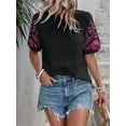 thumbnail image 3 of Dycnvjo Women Floral Embroidered Textured Tops Crewneck Puff Short Sleeve Casual Loose Solid Embroidery Blouses Shirts, 3 of 7