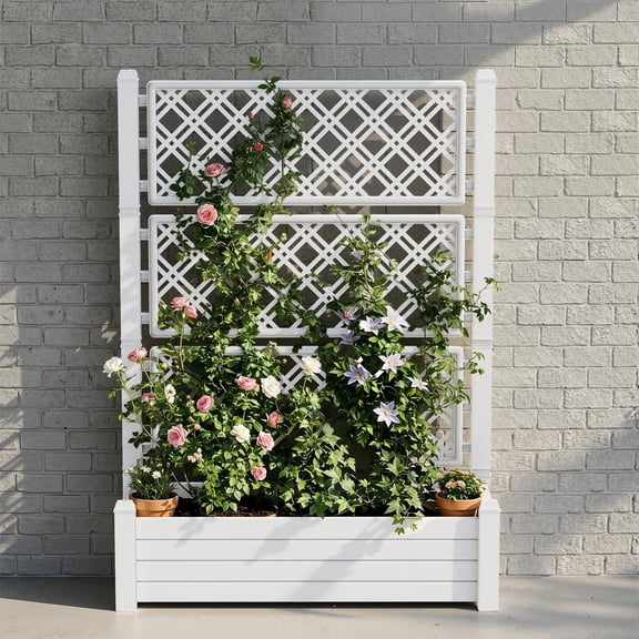 Joxxoaa Raised Garden Bed with Trellis for Climbing Plants, Outdoor Herb Planter Box with Drainage Plug & Water Gauge, Durable Resin for Patio, Balcony, Yard, Dust-Proof Garden Planter(Ashen)