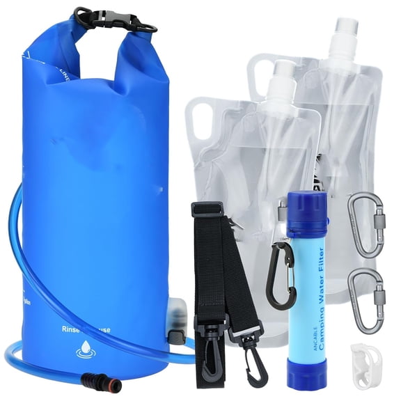 Gravity Water Filter Straw, Camping Water Filtration System with Collapsible Water Bottles for Travel, Backpacking, Emergency Preparedness, Blue