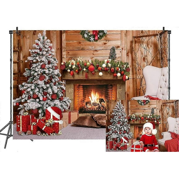 7x5ft Christmas Fireplace Photo Backdrop Christmas Wood Wall Decoration Backdrop Xmas Eve Backgrounds Christmas Winter
