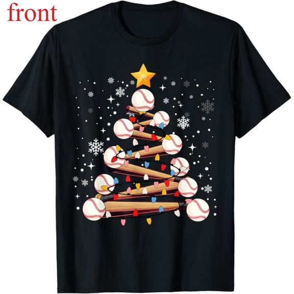 Women's "Baseball Christmas Tree" Graphic Comfortable T Shirt Casual Short Sleeve Round Neck Top Black S-5XL