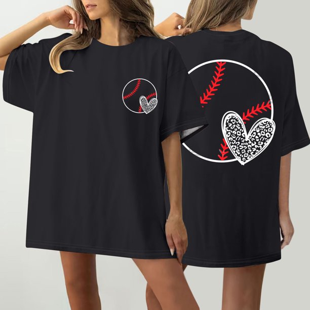 Fiudx Ofertas Flash Del Día Camiseta de Manga Corta con Cuello Redondo y Estampado Informal con Estampado Frontal y Trasero de Béisbol para Mujer