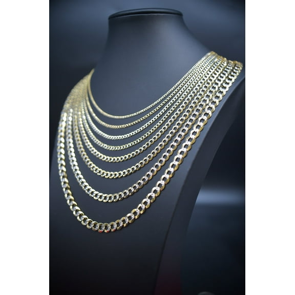 10K Real SOLID Gold Pave Cuban Curb Link Chain, SOLID Cuban Curb Chain,10K SOLID Two Tone Gold Chain Necklace Man and Woman, 10K Heavy Chain (Width:2MM; Necklace length:16;)