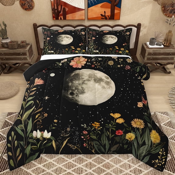 Homewish Chic Flowers Bedding Comforter Set 2pcs for Female Men Women,Vintage Aesthetic Twin Comforter Sets Microfiber,Botanical Plants Breathable Bedding Set,Starry Sky Breathable Bedding Set