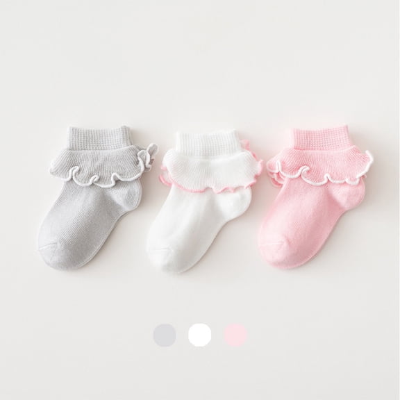 CPNG 3 Pairs Baby Girls Ruffle Socks Newborn Infant Sweet Knit Floor Hosiery Double Lace Ruffle Frilly Dress Ankle Socks Princess Knit Cotton Socks