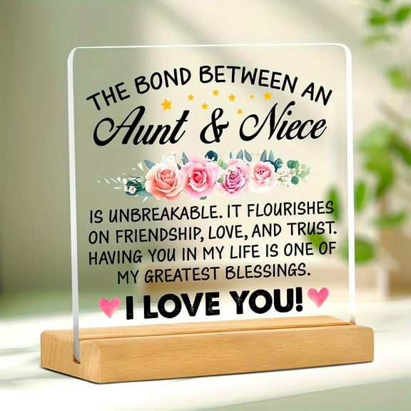 Aunt & Niece Bond Acrylic Desk Plaque with Wooden Stand -No Power, Multi-Purpose, English Language, Home & Kitchen Festive Decor, Wall Art Decor