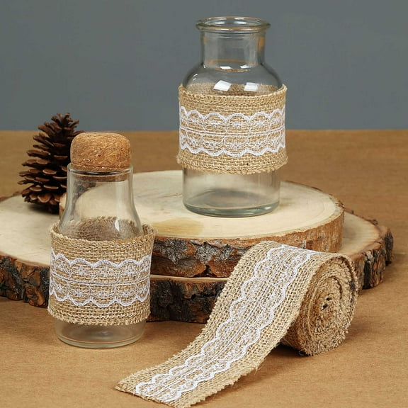 Efavormart 2" x 5m Natural Jute Burlap Ribbon With Wavy Lace Hollow Burlap, DIY Home Decoration, Crafts Ribbon, Wedding Party, and Gift Packaging