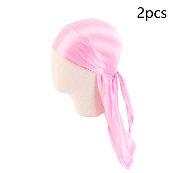 2Pcs Boy Children Pirate Pre-Tied Hip Hop Long Tail Elastic Headwrap Pirate Hat Imitation Silk Baby Turban Hijab PINK