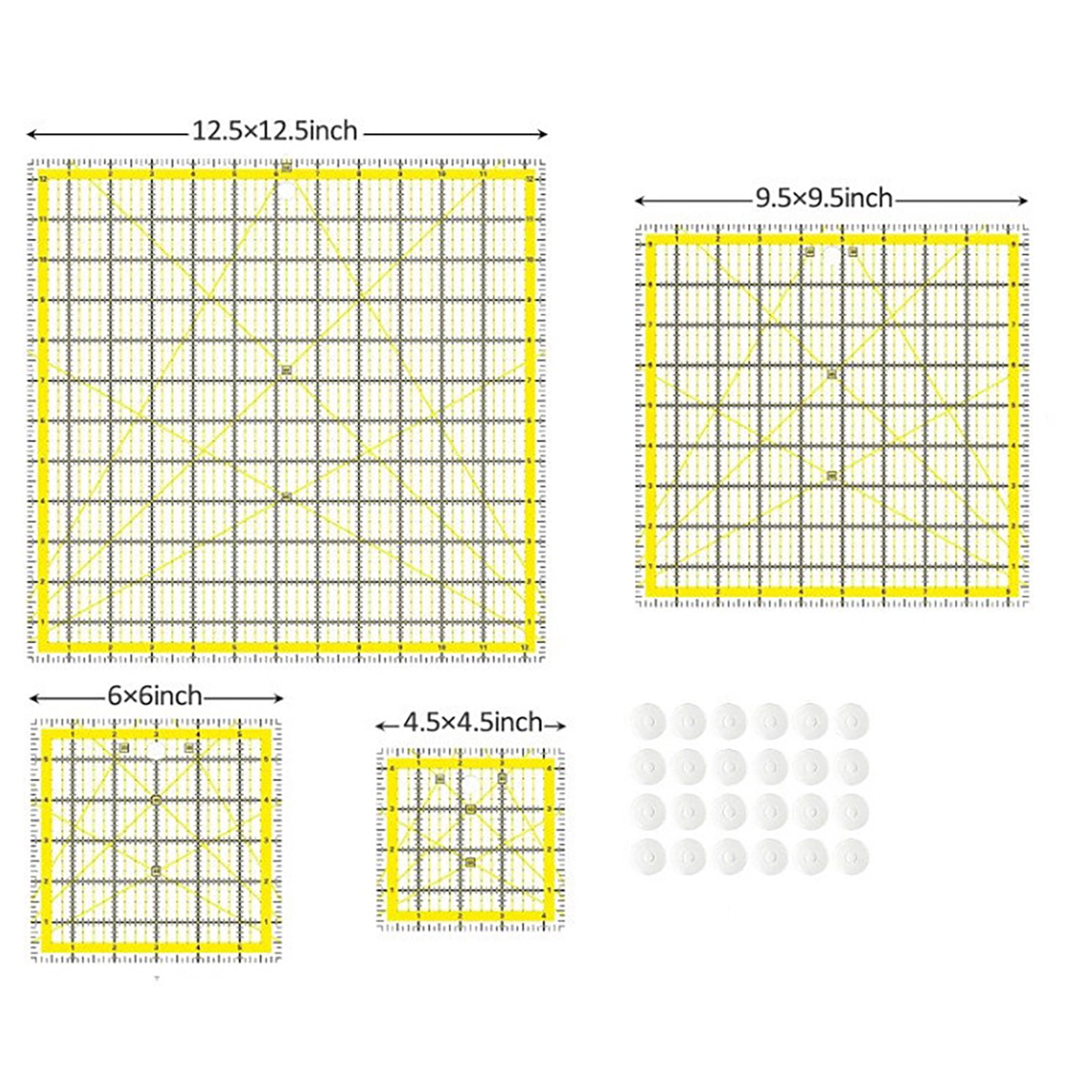 OIUR 4Pcs Acrylic Quilting Ruler with Non-Slip Rings 4.5/6/9.5/12.5-Inch Square Fabric Cutting Patchwork Ruler with Clear Mark DIY Sewing Craft Projects Template