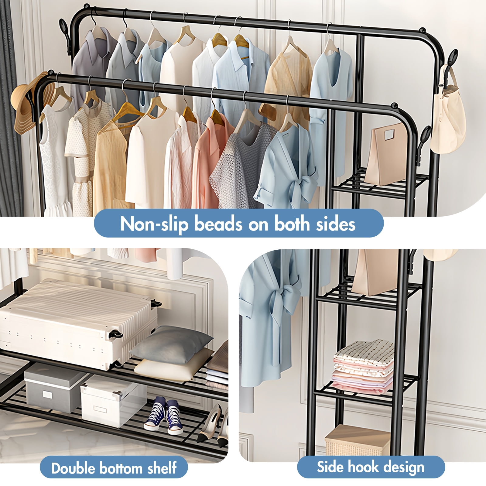 ALSO GO 3-In-1 Double Rod Clothes Rack with 4-Shelf, Metal Clothing Rack with Wheels & 4 Hooks, Portable Heavy Duty Garment Rack with Double Bottom Shelves, Freestanding Organizer  for Bedroom, Black