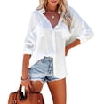 thumbnail image 4 of Womens Button Down V Neck Denim Shirts Long Sleeve Blouse Roll Up Cuffed Sleeve Casual Work Plain Tops with Pockets, 4 of 9