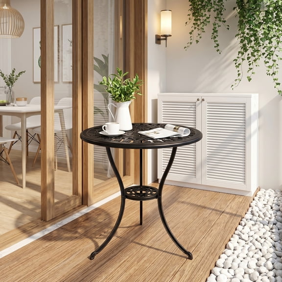 Weather-Resistant Cast Aluminum Patio Bistro Table – 24" Round Outdoor Bar Table with Umbrella Hole, Vintage Design, Rust-Resistant, Sturdy Metal for Garden, Balcony, Porch, Poolside