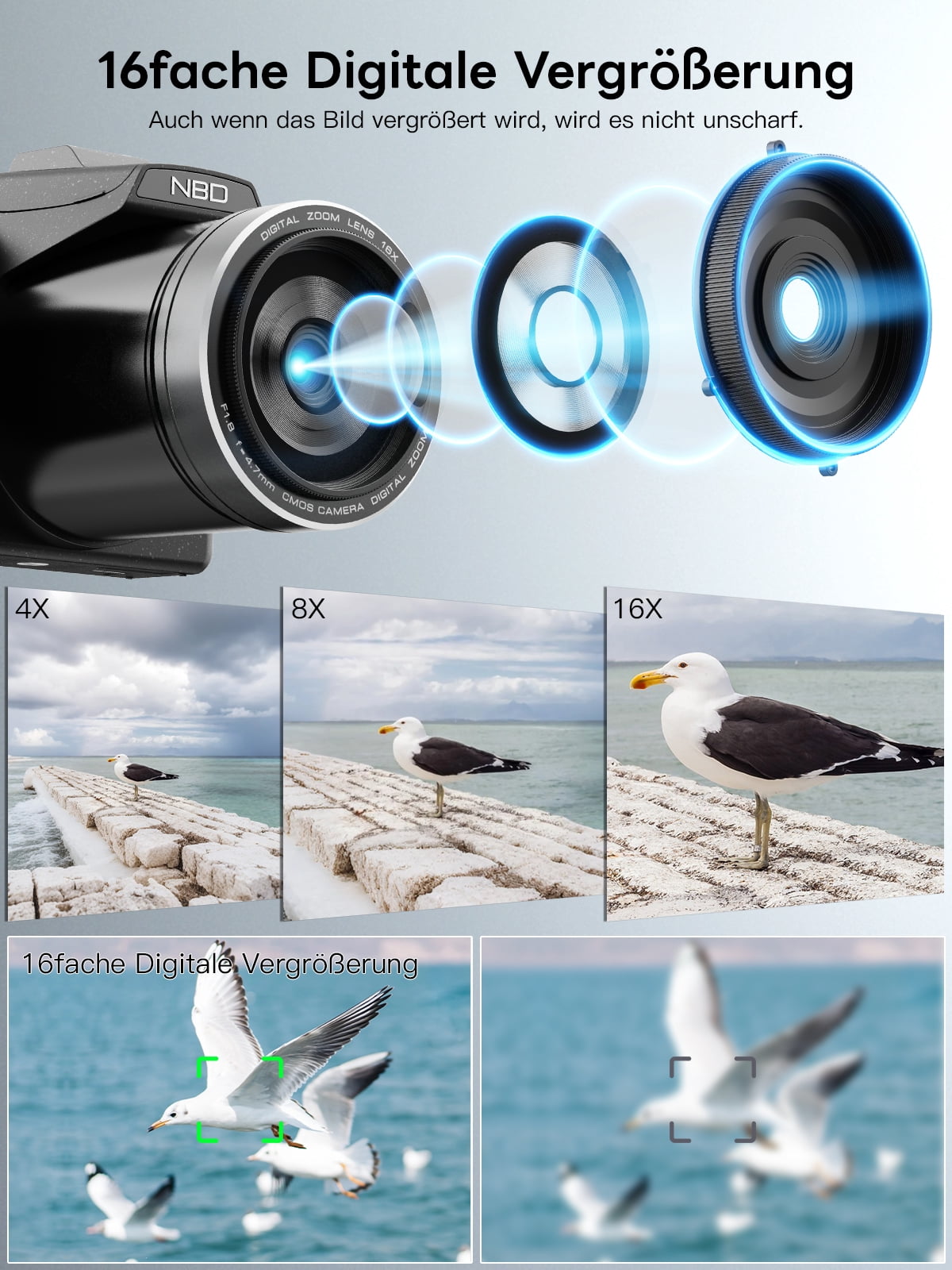 NBD 8K Digital Camera for Photography, 64MP Autofocus Camera with WiFi & App Control, 16X Zoom, Anti-Shake, Flash, SD Card and 2 Batteries