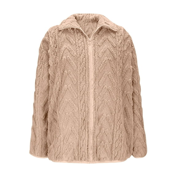 BiZtdJrK Women Warm Jackets Textured Fuzzy Fleece Long Sleeve Zipper Sherpa Jacket Lapel Solid Casual Winter Coats Beige M