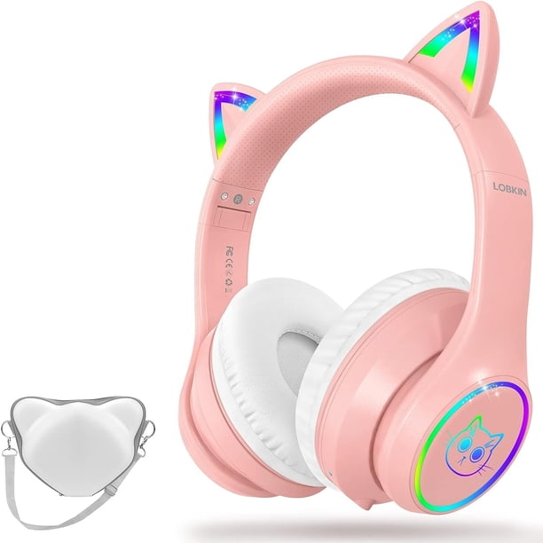 Auriculares LOBKIN Bluetooth 5.3 para niños con funda LED RGB rosa