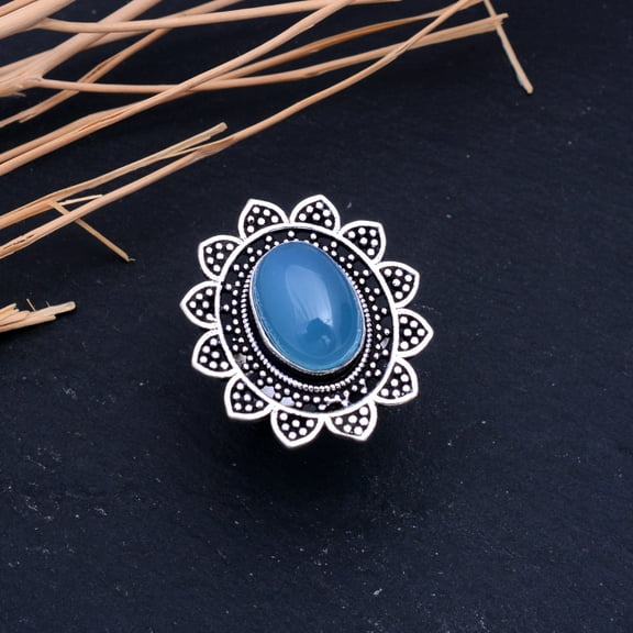 Natural Blue Chalcedony Gemstone 925 Sterling Silver Ring Size 9.5