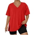 thumbnail image 3 of sckarle Oversize Tshirts for Women Short Sleeve V Neck Summer Tops Plus Size Loose Fit Trendy Pullover Side Split Solid Color Tunic Tops Red,XXXXXL, 3 of 7