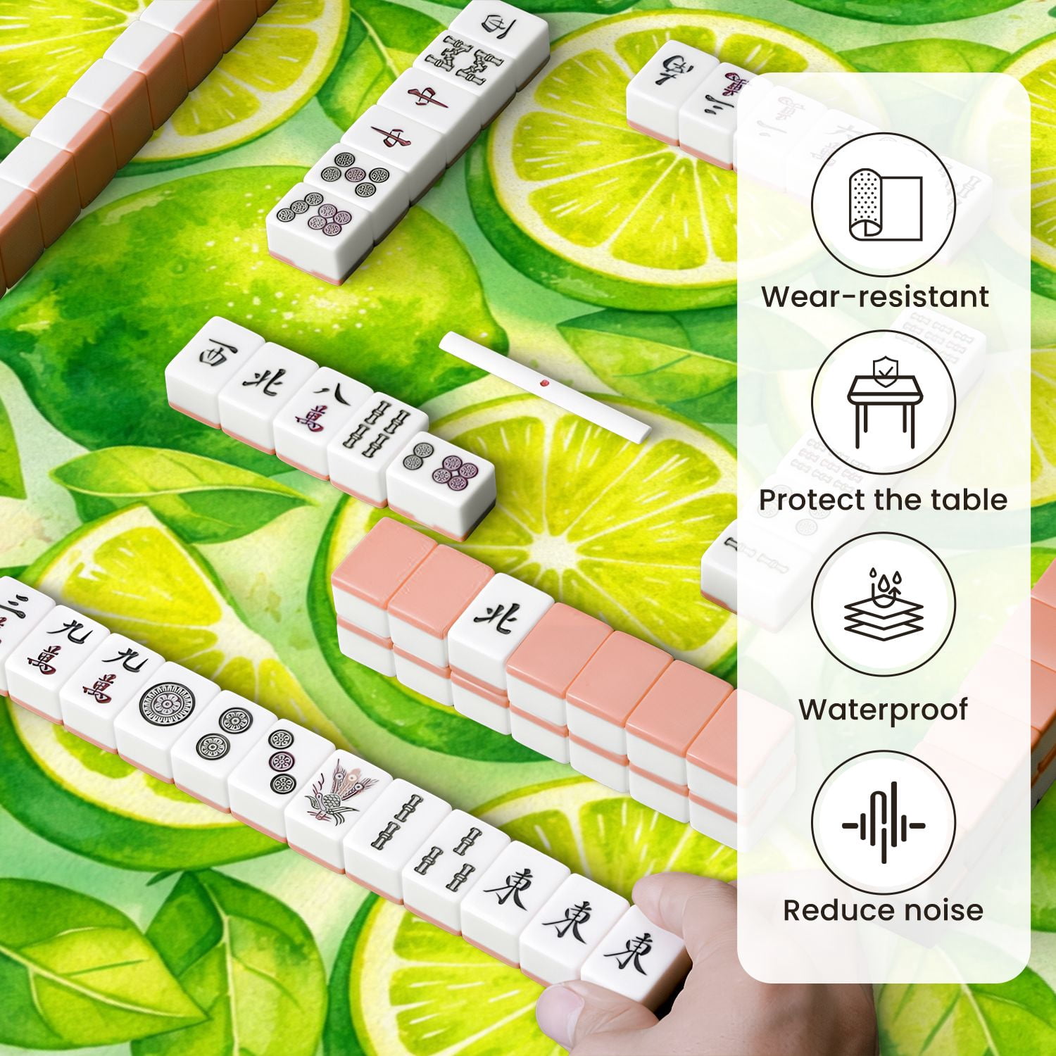 Mahjong Mat 31.5" x 31.5" Fresh Green Lemons Slices Green Leaves Watercolor Anti-Slip and Noise Reduction Symmetry Design Mahjong Tiles Table Cover for Dominoes Poker Card Board and Tile Games