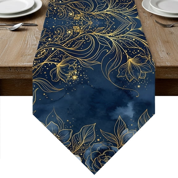 Luxury Floral Table Runner Linen Burlap Table Runner 72 Inches Long Blue Golden Lace Vintage Dresser Scarves for Kitchen Island Coffee Dining Room Party Wedding Banquet Holiday Decoration 13"x72"