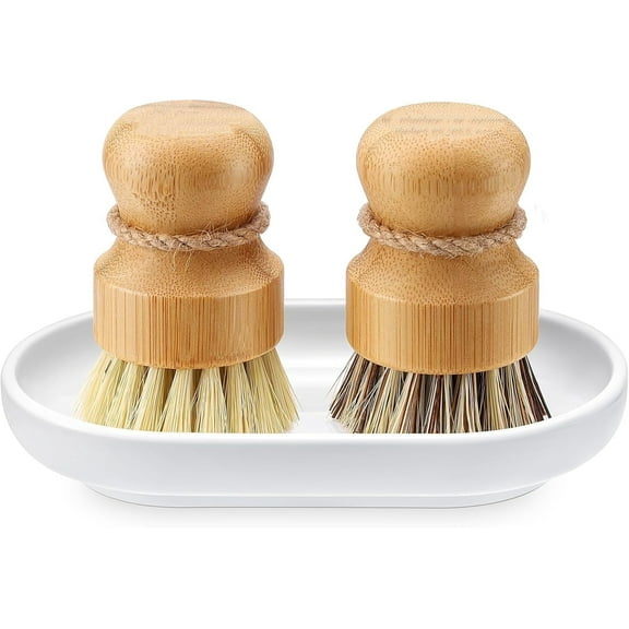 LQQBOX Bamboo Dish Brush Set, 2 Pcs Palm Wooden Dish Scrubber Brush, Dish Brushes, Durable Wood Dishes Scrub Brush, Natural Round Vegetable Cleaning Pots Pans Sink Washing Kitchen Brush