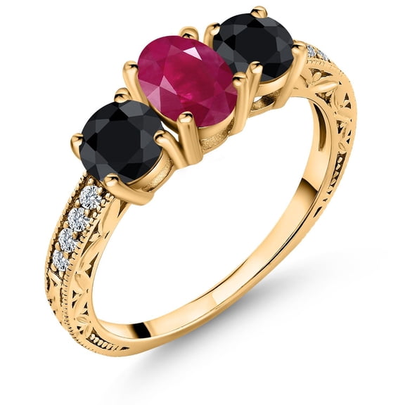 Gem Stone King 2.50 Ct Oval Red Ruby Black Sapphire 18K Yellow Gold Plated Silver Ring (Size 6)