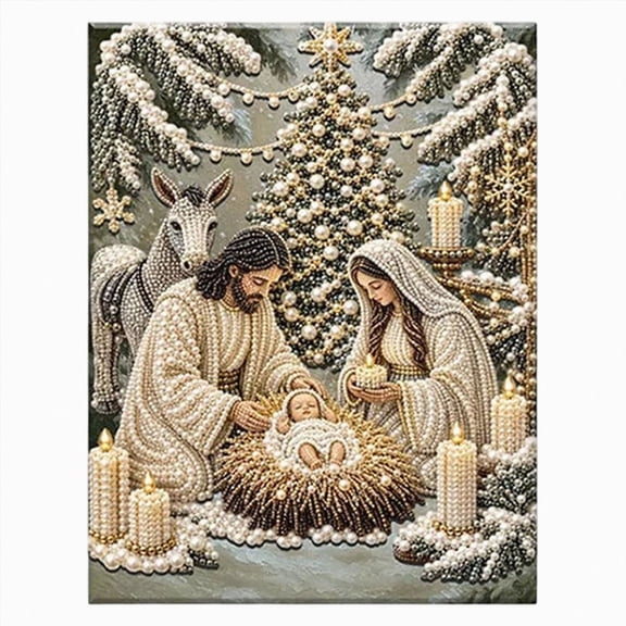Nativity Scene Diamond Painting Kit, 5D DIY Jesus Pearl Art Kit for Adults, Jesus Christ & Religious Christmas Wall Decor with Frame, Christian Mosaic Craft Kits for Home Wall(C)