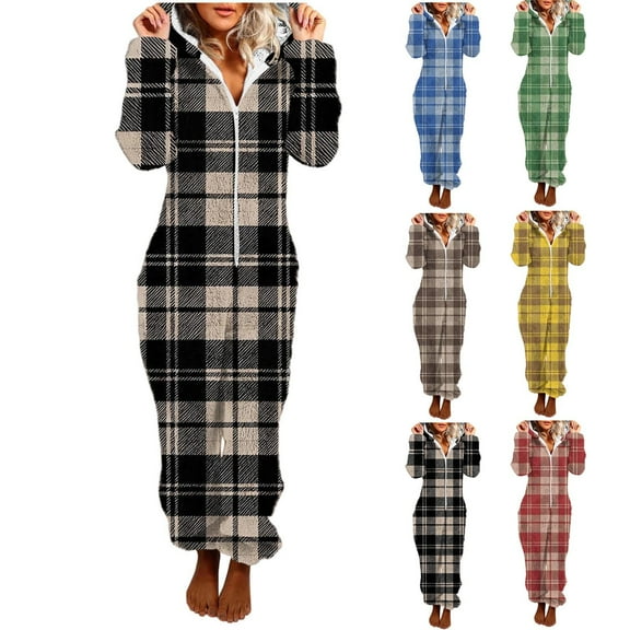 Xcmzpl Fuzzy Fleece Onesie Pajamas for Women Funny Plaid Zipper Hooded Pjs Sets Comfy Soft Warm Christmas Jumpsuit Sleepwear