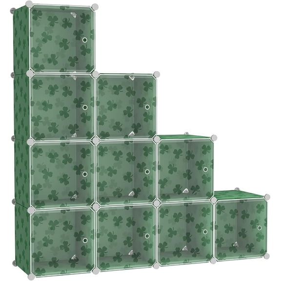 Cube Storage Organizer with Doors, 10-Cube Shelves, DIY Plastic Modular Bookshelf, Closet Clothes Storage Shelving Ideal for Bedroom, Living Room, Clover Embossed, Green